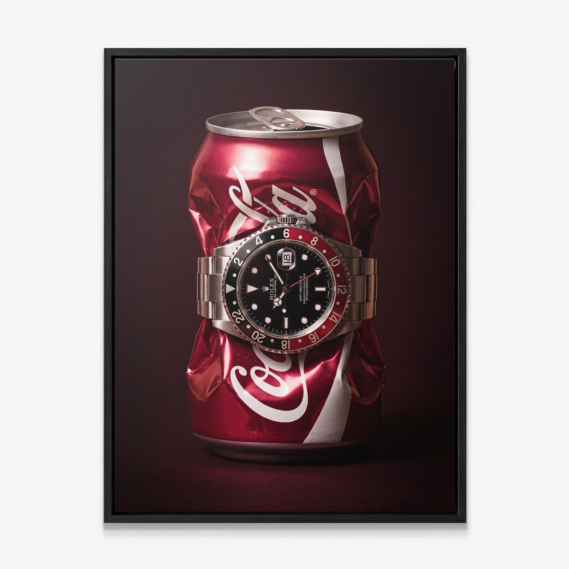 Disposable Income crushed red cola can with a black and red bezel steel watch canvas wall art in a black floating frame