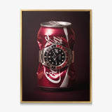 Disposable Income crushed red cola can with a black and red bezel steel watch canvas wall art in a gold floating frame