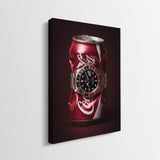 Disposable Income crushed red cola can with a black and red bezel steel watch canvas wall art side profile showing the gallery wrapped edge