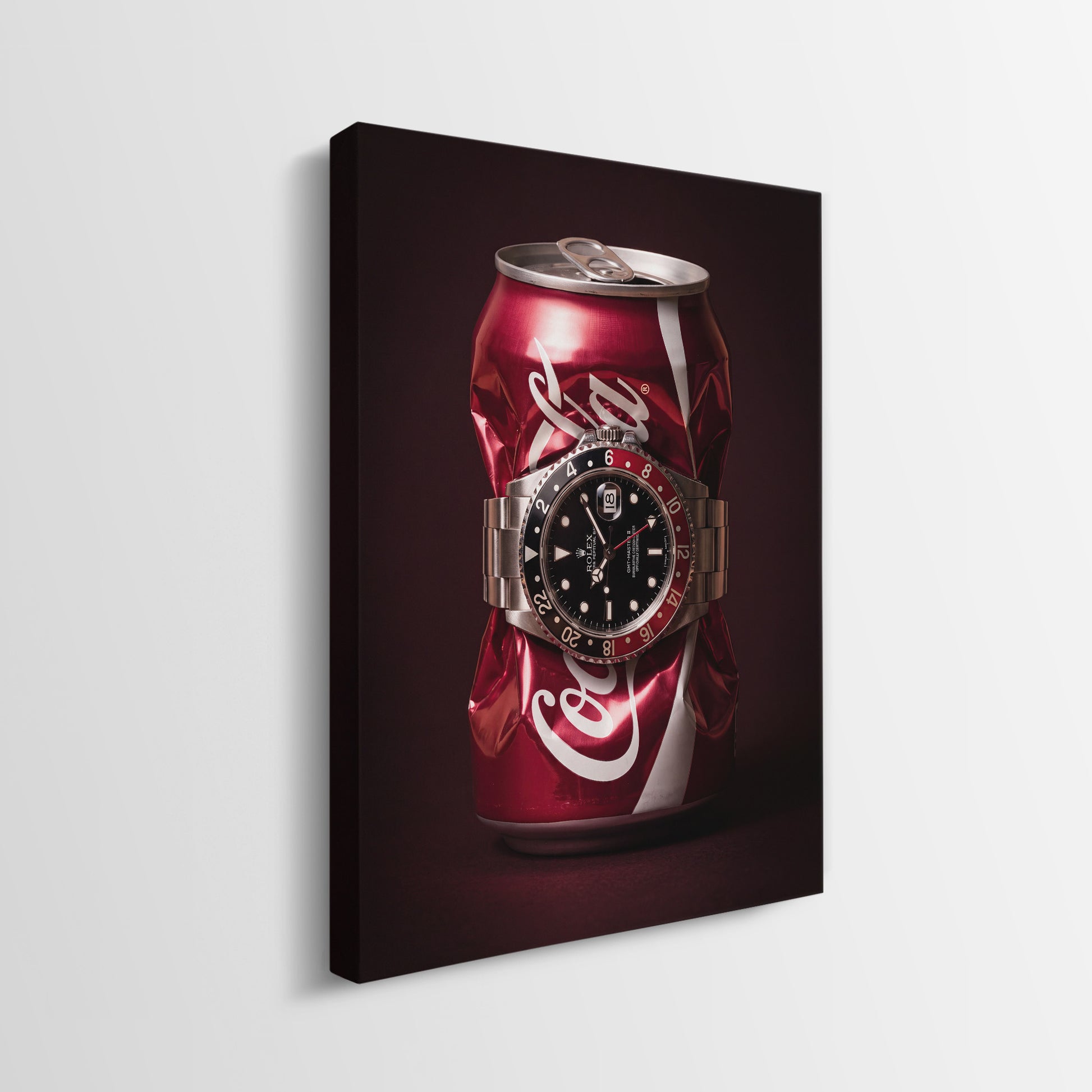 Disposable Income crushed red cola can with a black and red bezel steel watch canvas wall art side profile showing the gallery wrapped edge