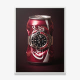 Disposable Income crushed red cola can with a black and red bezel steel watch canvas wall art in a white floating frame