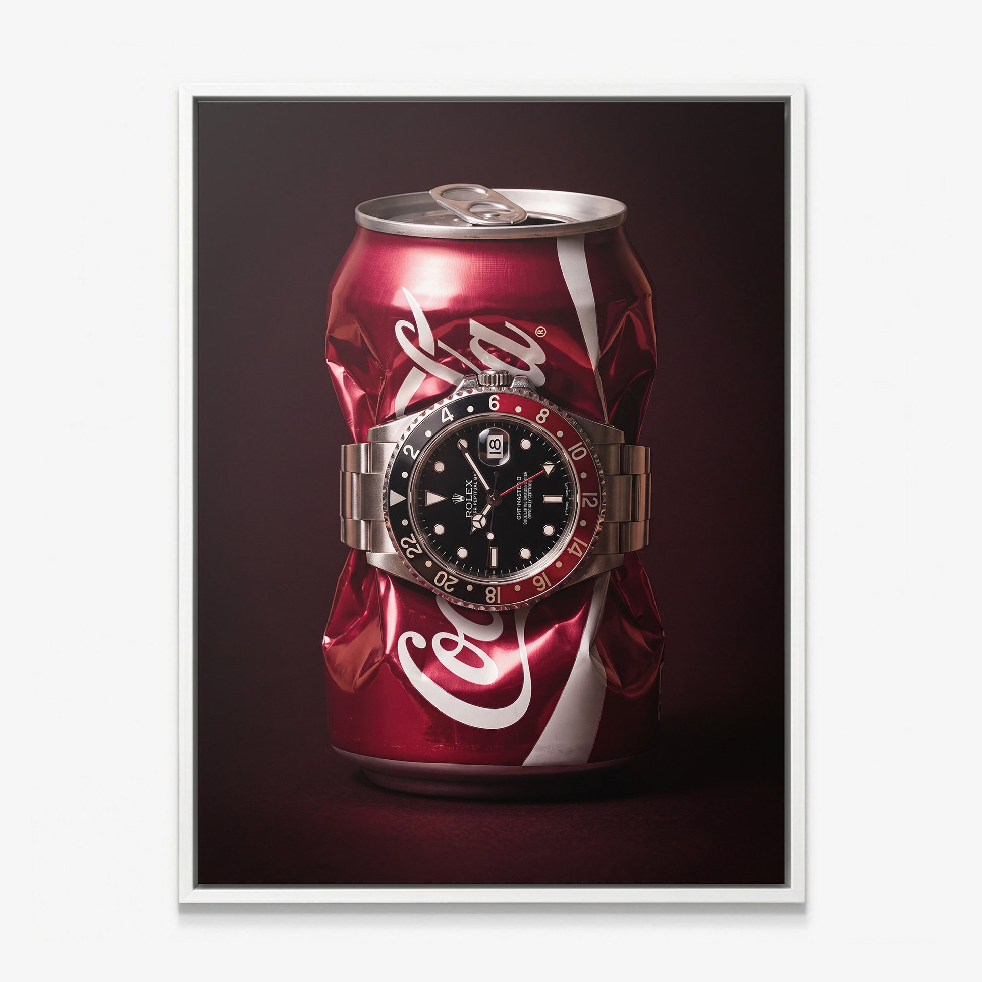 Disposable Income crushed red cola can with a black and red bezel steel watch canvas wall art in a white floating frame
