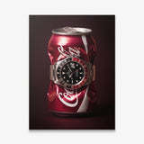Disposable Income crushed red cola can with a black and red bezel steel watch canvas wall art