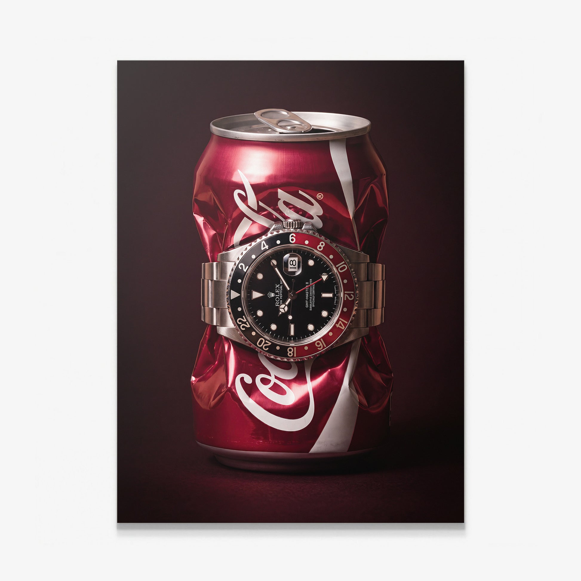 Disposable Income crushed red cola can with a black and red bezel steel watch canvas wall art