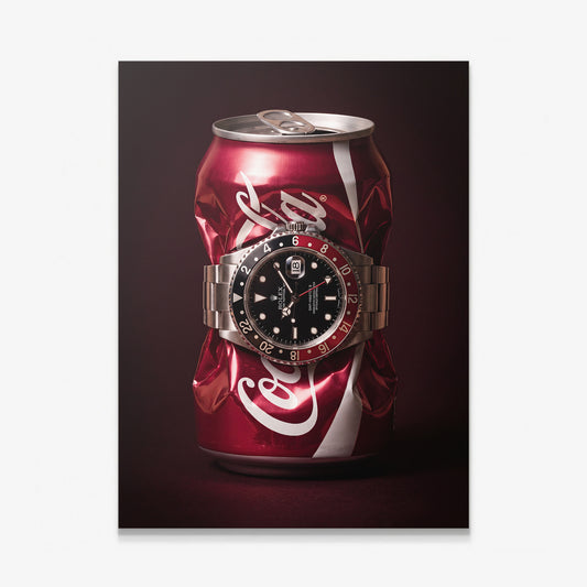 Disposable Income crushed red cola can with a black and red bezel steel watch canvas wall art
