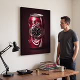 Disposable Income crushed red cola can with a black and red bezel steel watch canvas wall art in a home interior with a person viewing it
