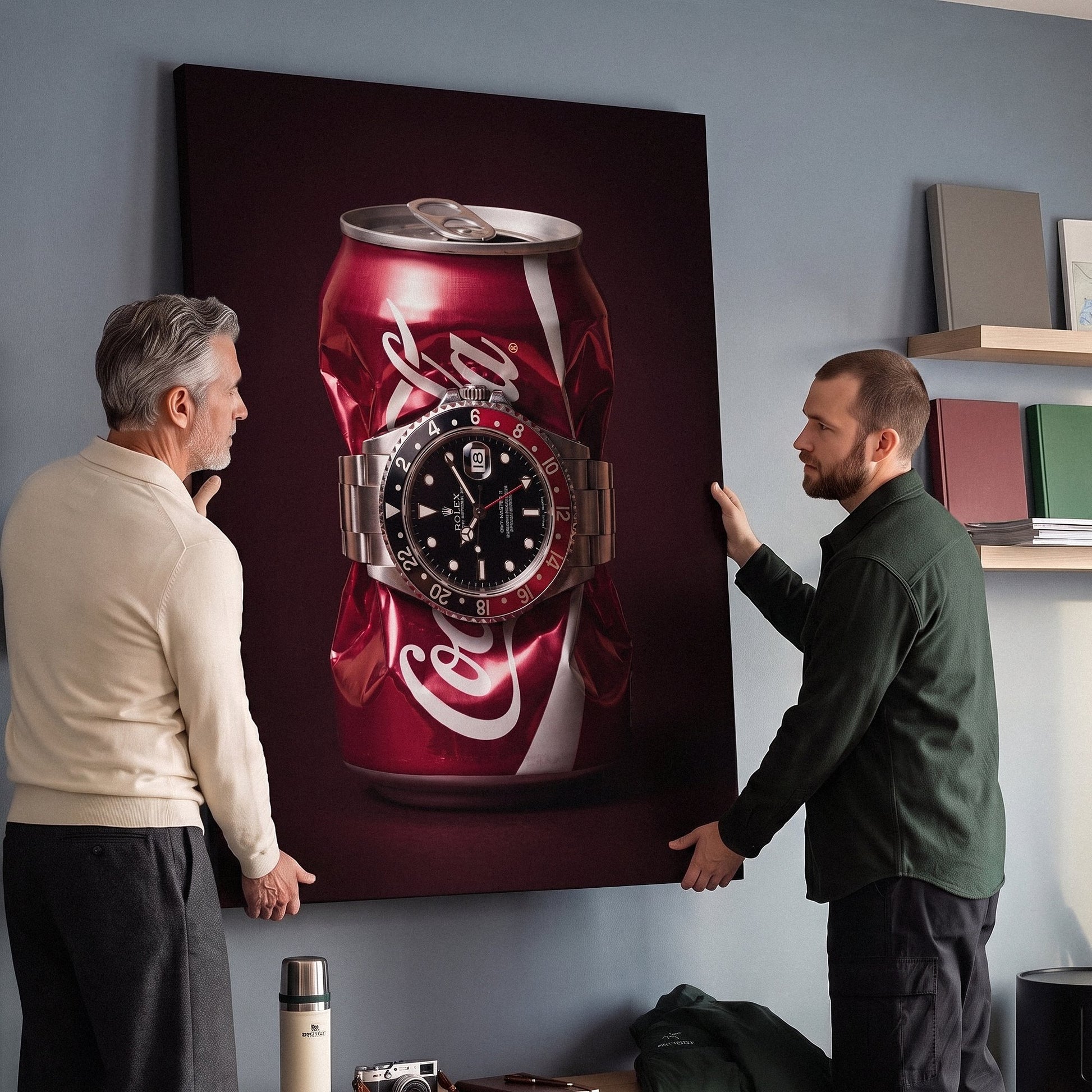 Disposable Income crushed red cola can with a black and red bezel steel watch canvas wall art on a wall with two people beside it