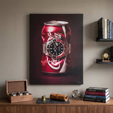 Disposable Income crushed red cola can with a black and red bezel steel watch canvas wall art hanging in a styled home interior