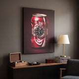 Disposable Income crushed red cola can with a black and red bezel steel watch canvas wall art seen from the side on a styled wall