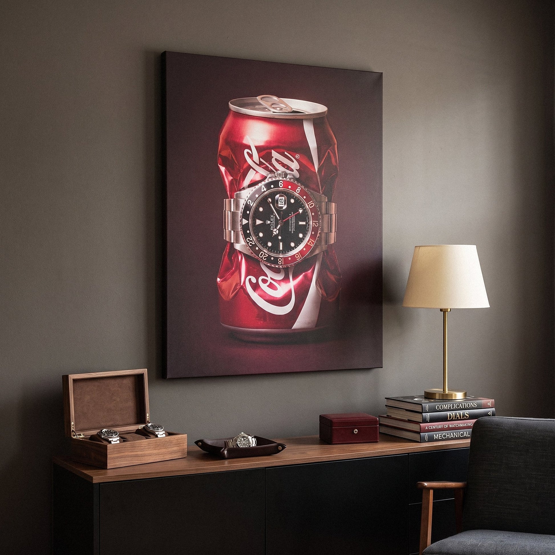 Disposable Income crushed red cola can with a black and red bezel steel watch canvas wall art seen from the side on a styled wall