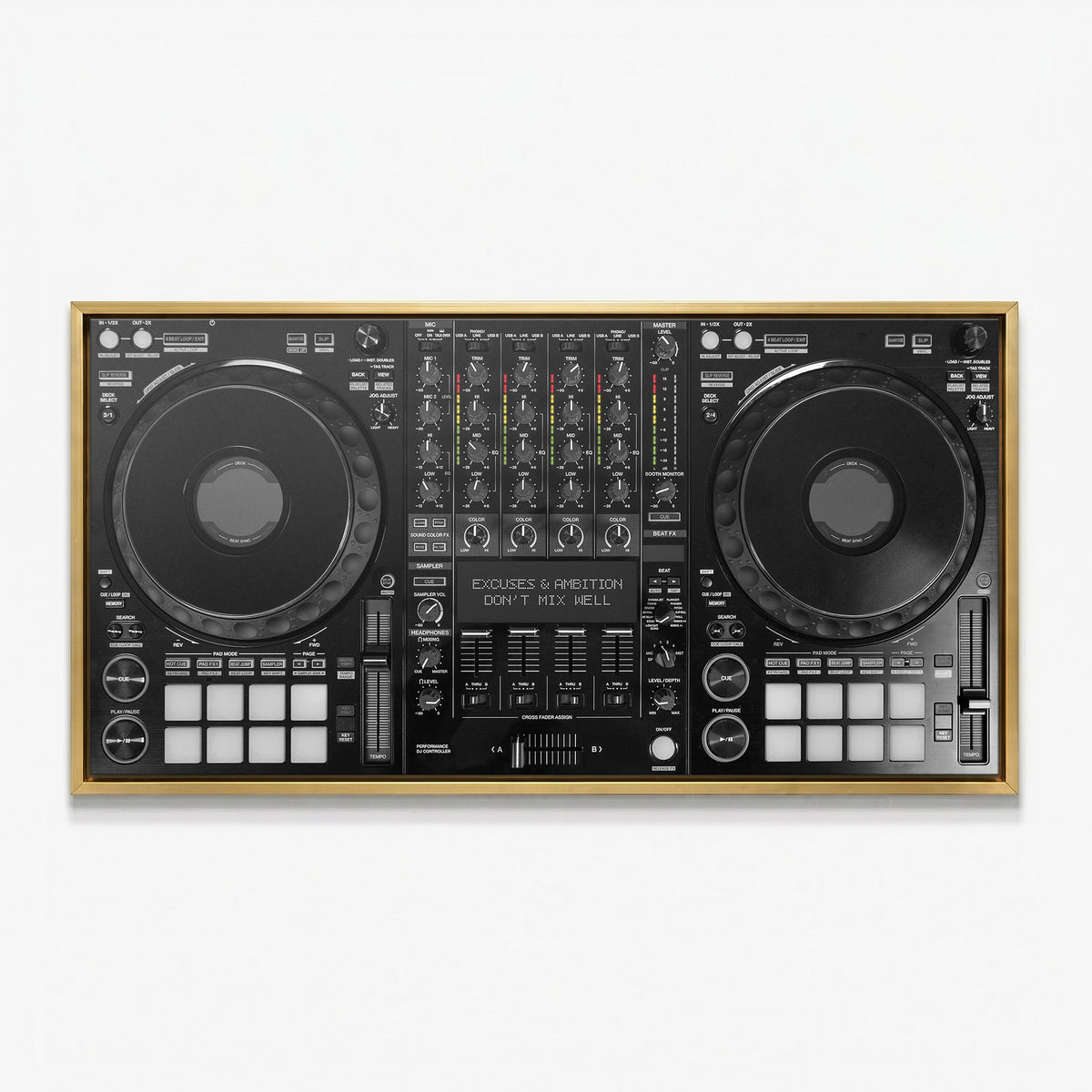 Don't Mix Well DJ controller canvas in a gold floating frame