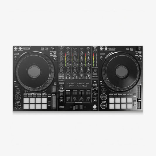 Don't Mix Well canvas wall art, black and white DJ controller with Excuses & Ambition Don't Mix Well on the display