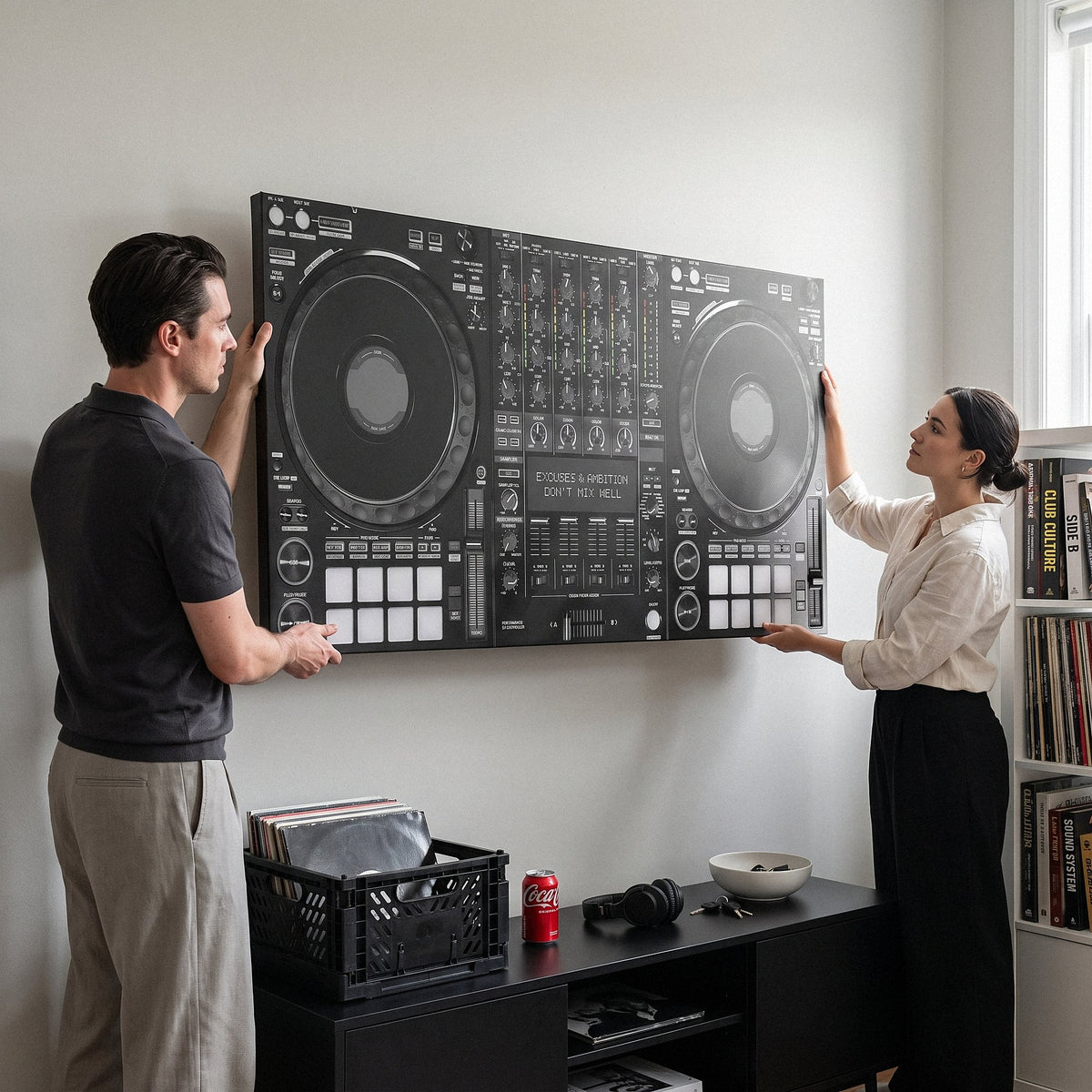 Couple holding the wide Don't Mix Well DJ controller canvas up to a stone grey wall to hang it