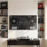 Don't Mix Well DJ controller canvas hung between record shelves above a turntable console in a cream home studio