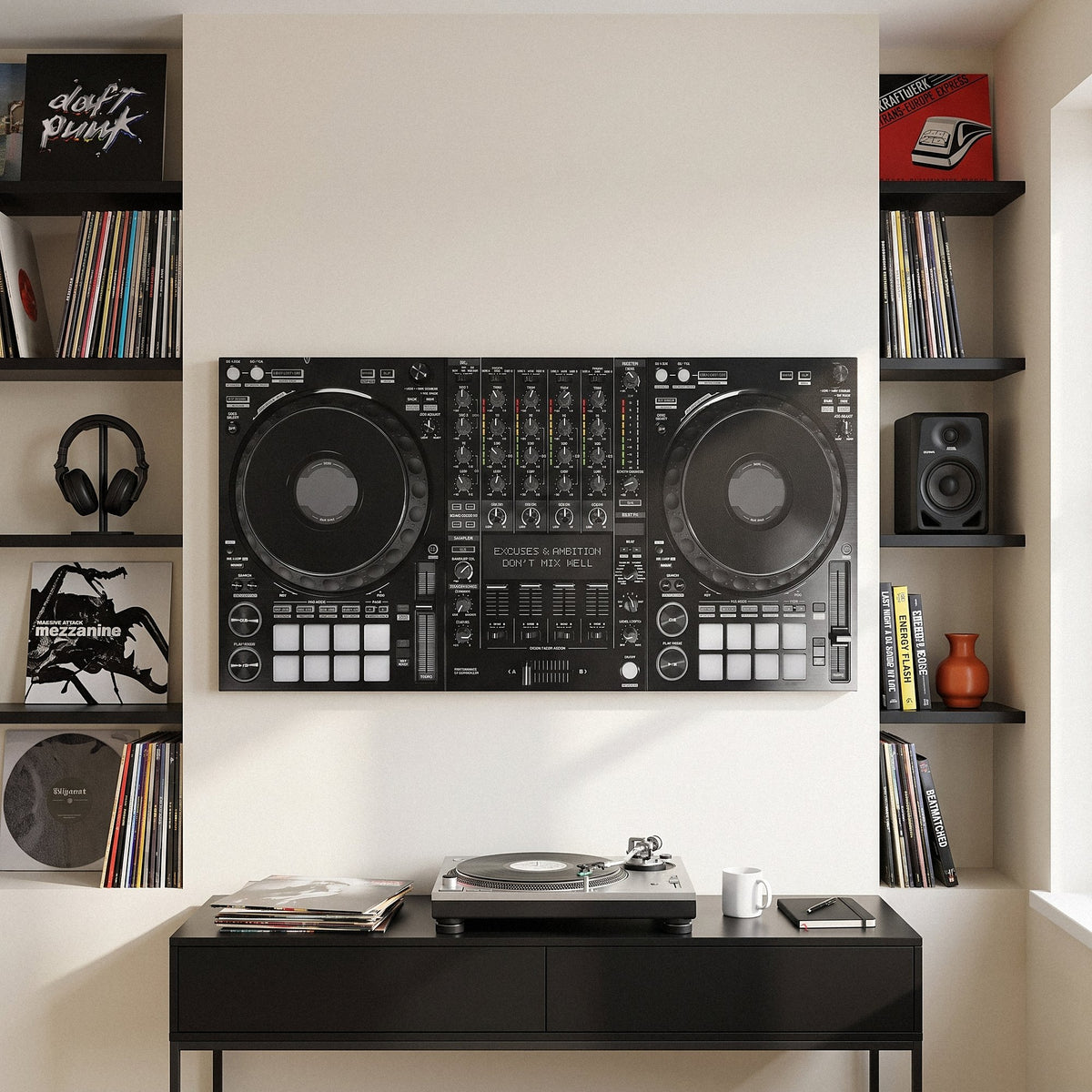 Don't Mix Well DJ controller canvas hung between record shelves above a turntable console in a cream home studio