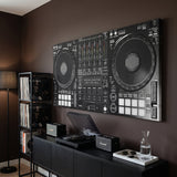 Don't Mix Well DJ controller canvas above a black record sideboard in a chocolate brown living room