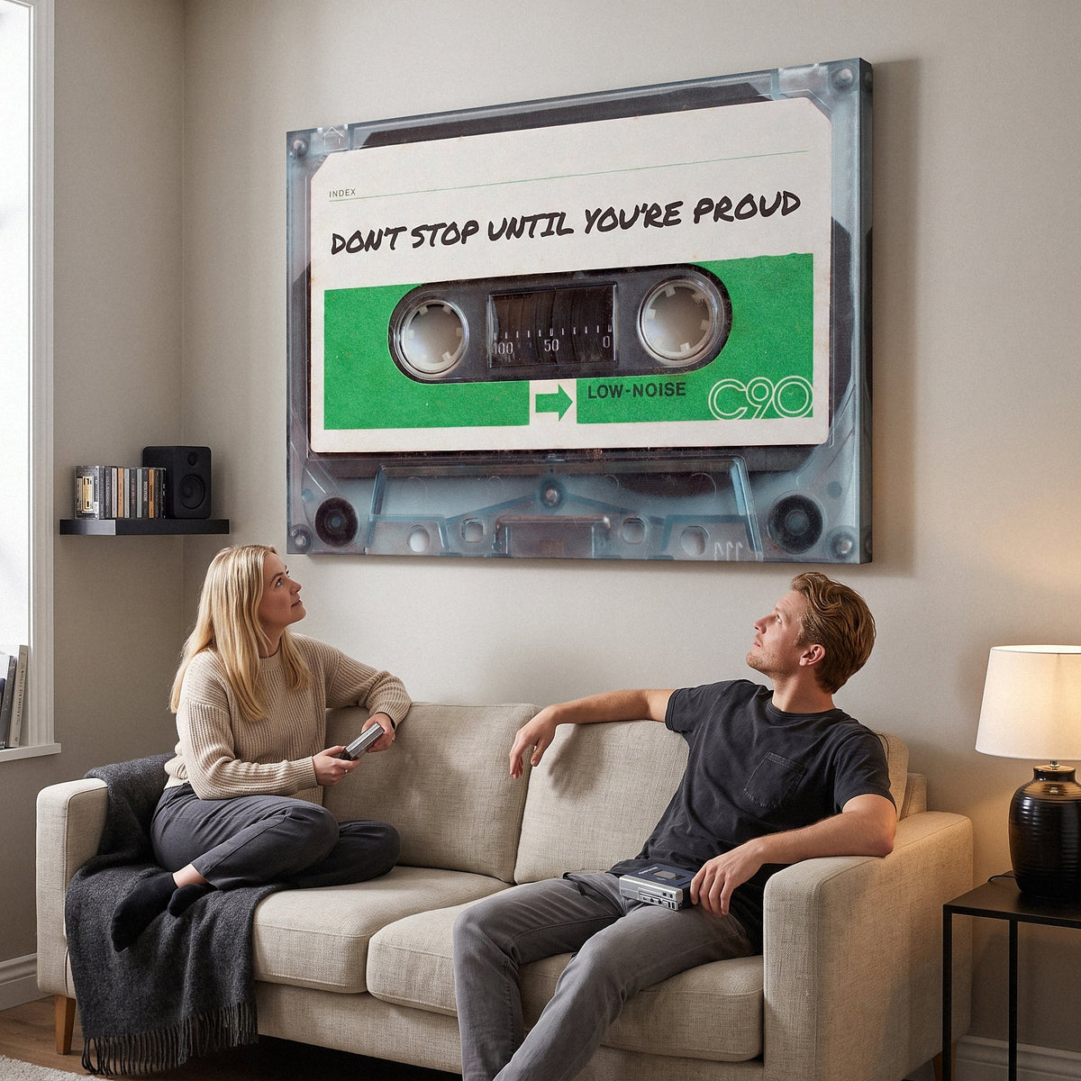 Couple on a linen sofa looking up at the Don't Stop Until You Are Proud cassette canvas in a greige living room