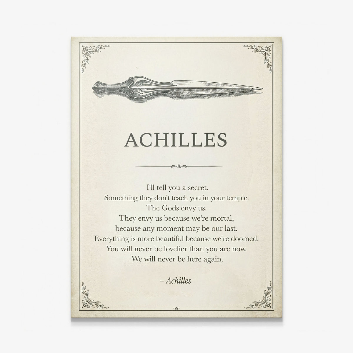 Doomed Achilles quote canvas print on cream, gallery-wrapped and ready to hang