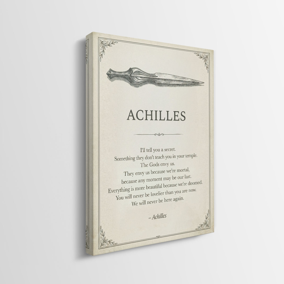 Side view of the Doomed Achilles quote canvas showing the gallery-wrapped edge