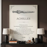 Doomed Achilles quote canvas above a black console in an espresso-brown living room