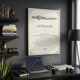 Doomed Achilles quote canvas above a black desk with a laptop in a charcoal home office