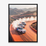 Drift Through The Horizon German coupes drifting on an open road canvas wall art in a black floating frame