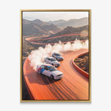 Drift Through The Horizon German coupes drifting on an open road canvas wall art in a gold floating frame
