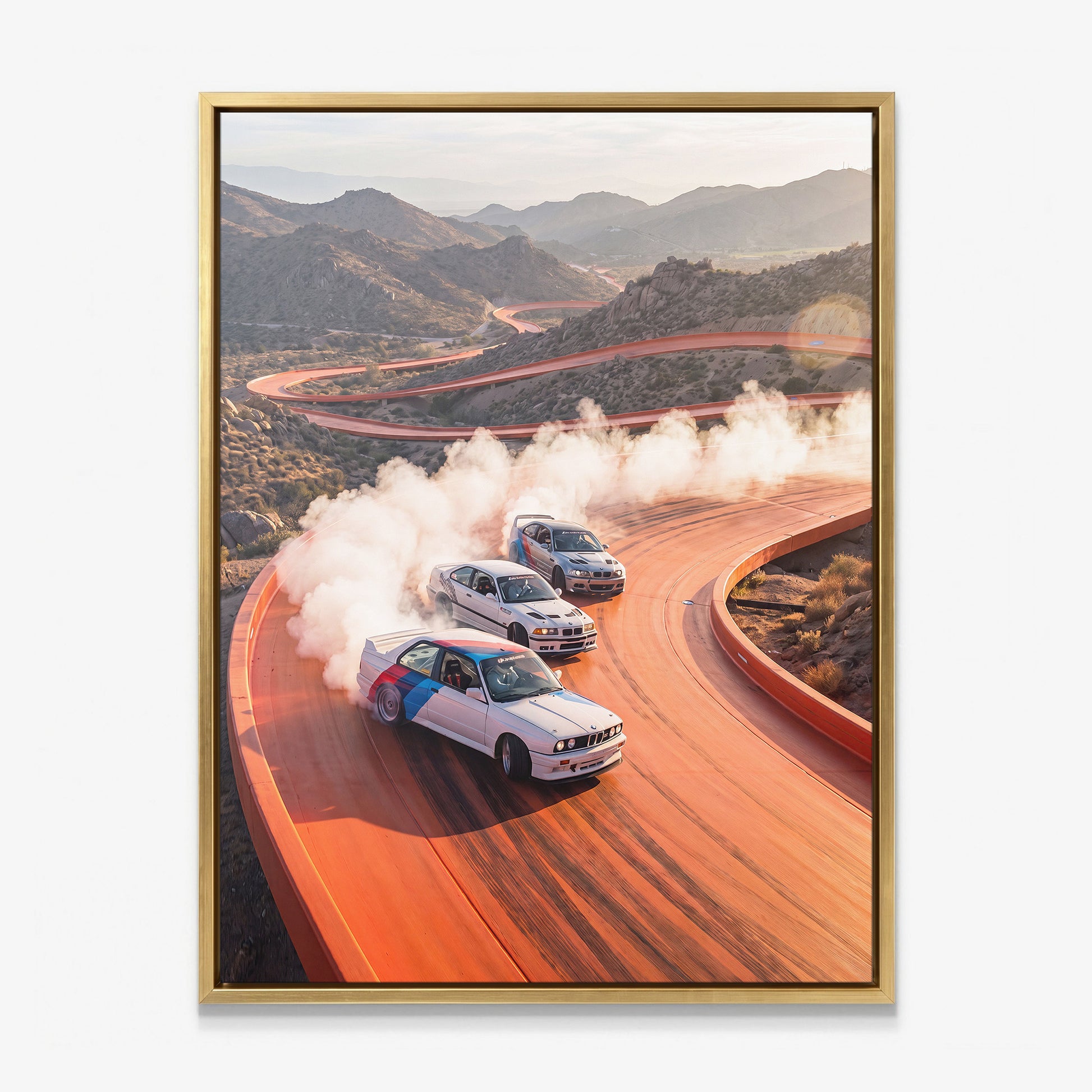 Drift Through The Horizon German coupes drifting on an open road canvas wall art in a gold floating frame