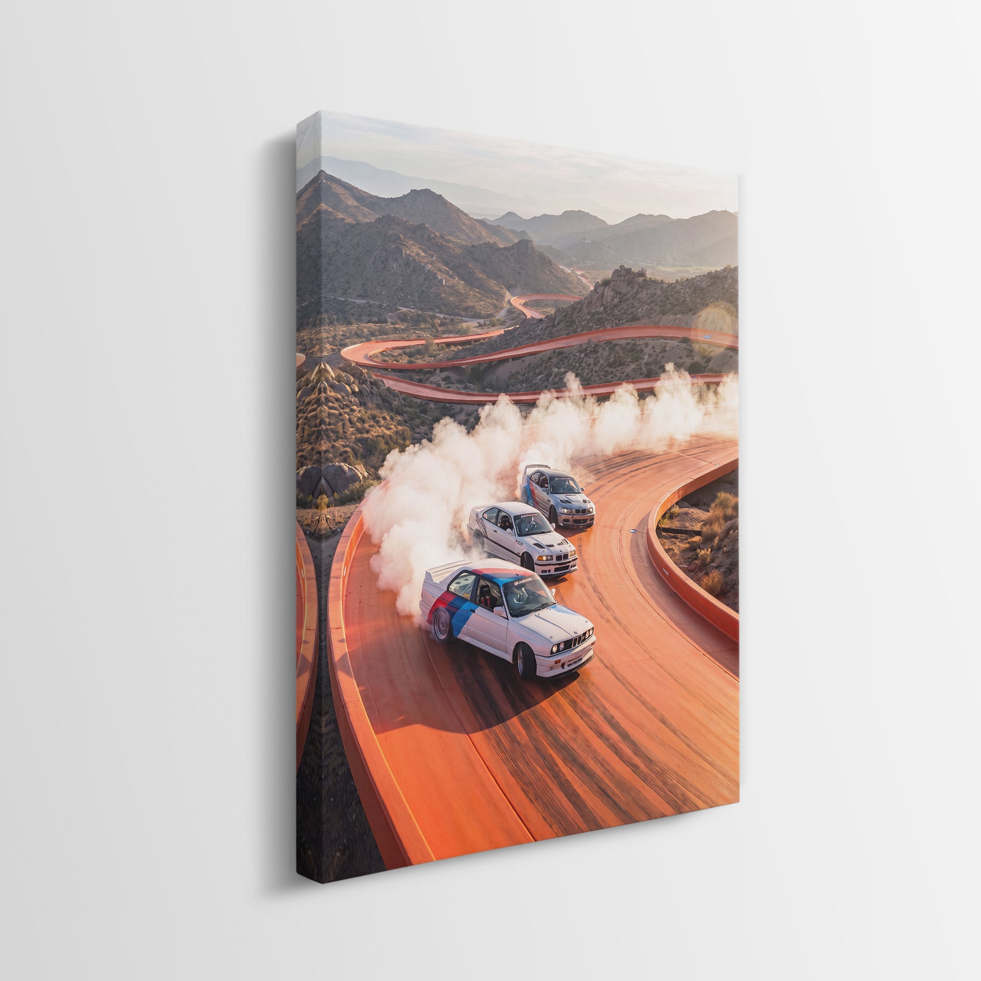 Drift Through The Horizon German coupes drifting on an open road canvas wall art side profile