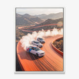 Drift Through The Horizon German coupes drifting on an open road canvas wall art in a white floating frame