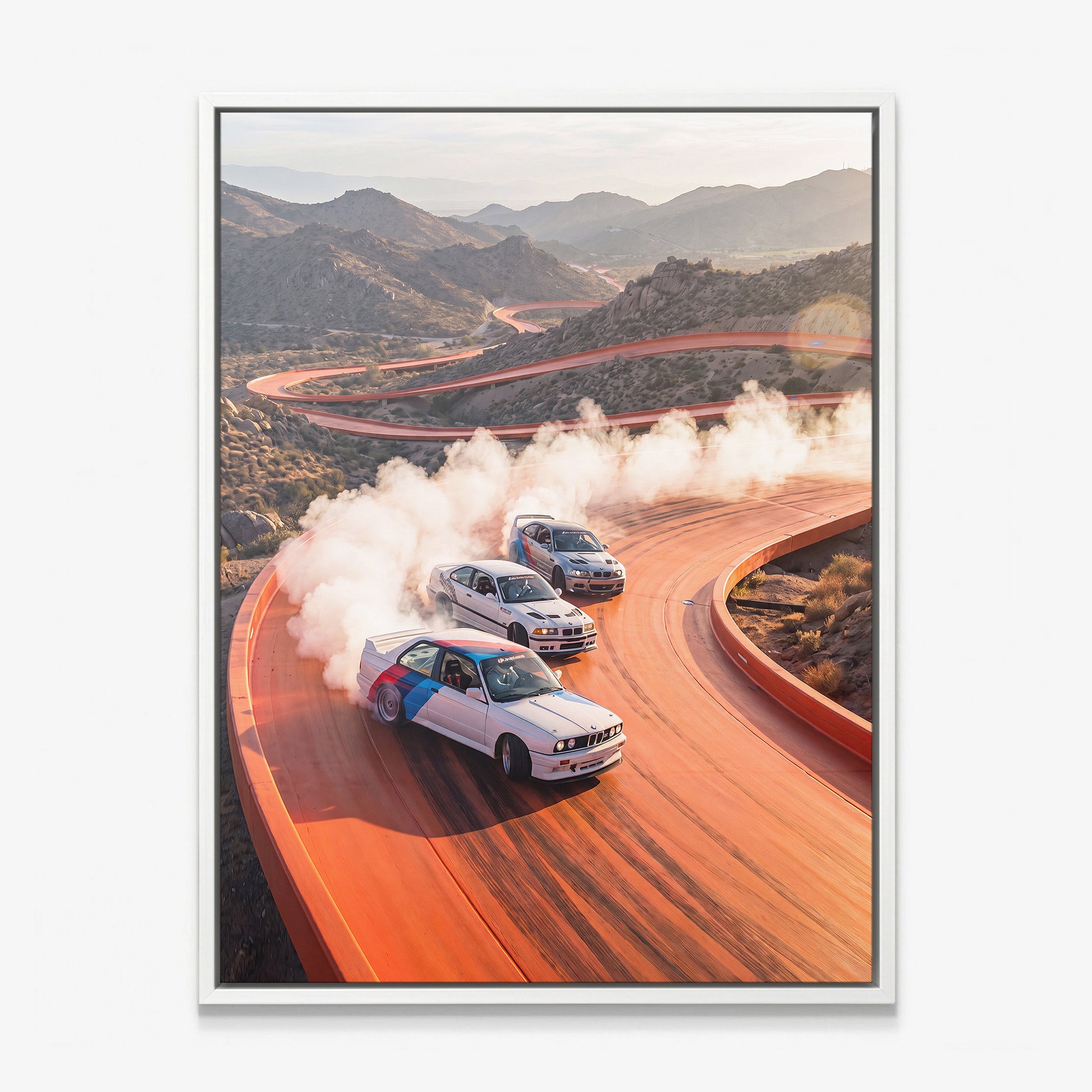 Drift Through The Horizon German coupes drifting on an open road canvas wall art in a white floating frame