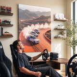 Drift Through The Horizon German coupes drifting on an open road canvas wall art in a styled study