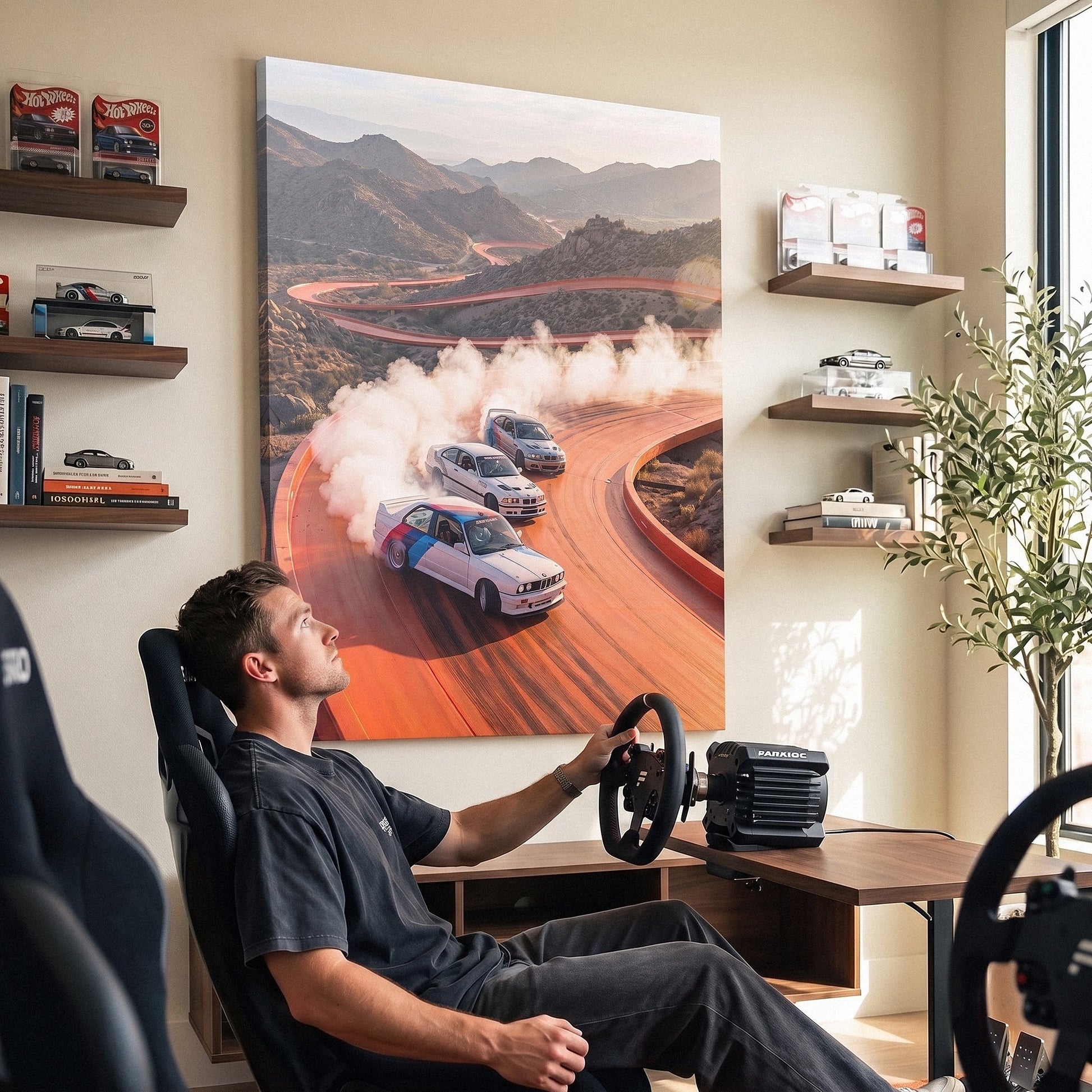 Drift Through The Horizon German coupes drifting on an open road canvas wall art in a styled study
