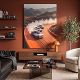 Drift Through The Horizon German coupes drifting on an open road canvas wall art in a modern home office