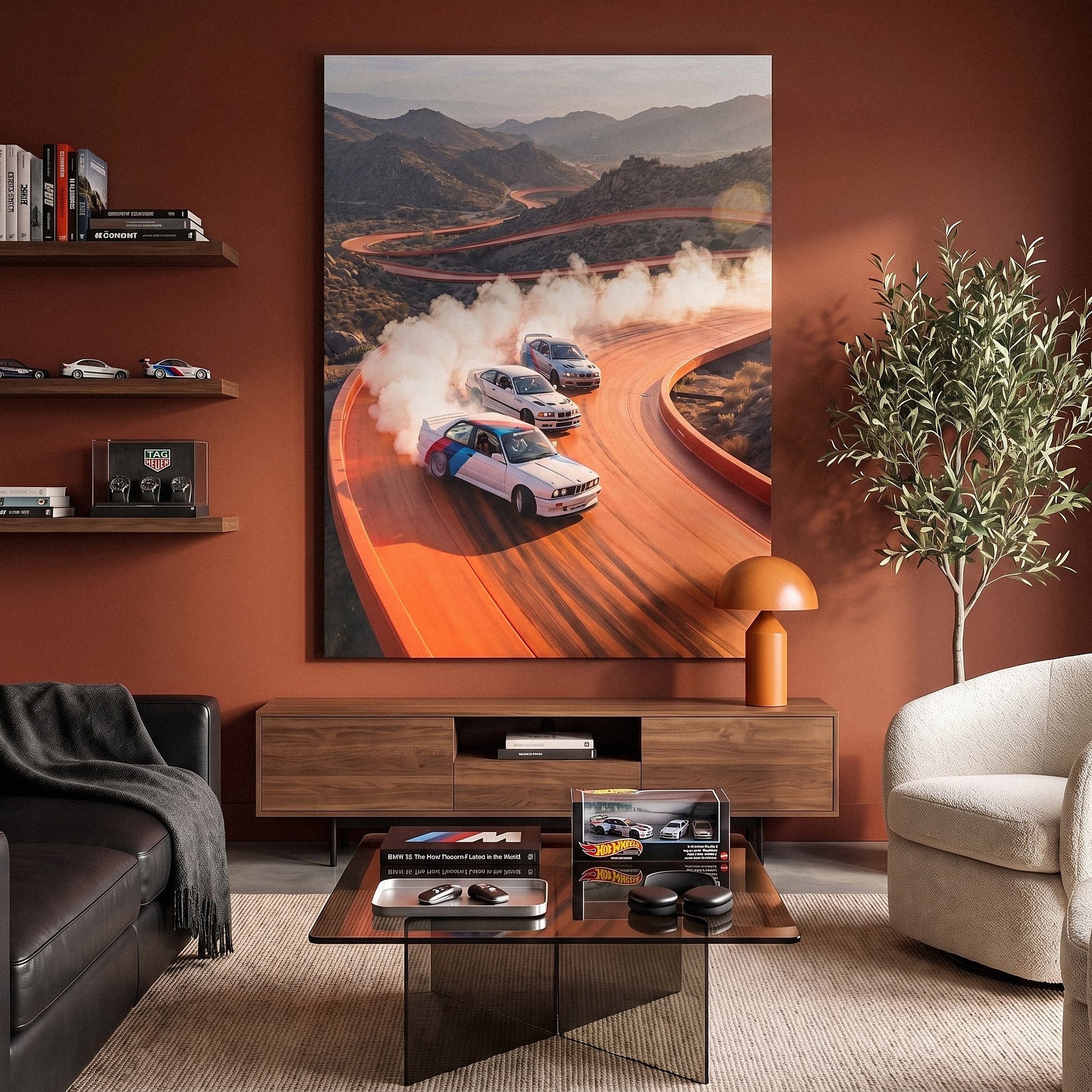 Drift Through The Horizon German coupes drifting on an open road canvas wall art in a modern home office
