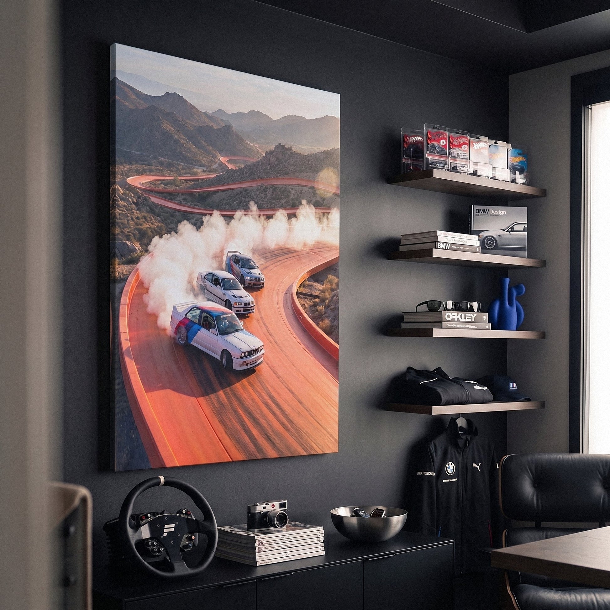 Drift Through The Horizon German coupes drifting on an open road canvas wall art in a dark enthusiast den