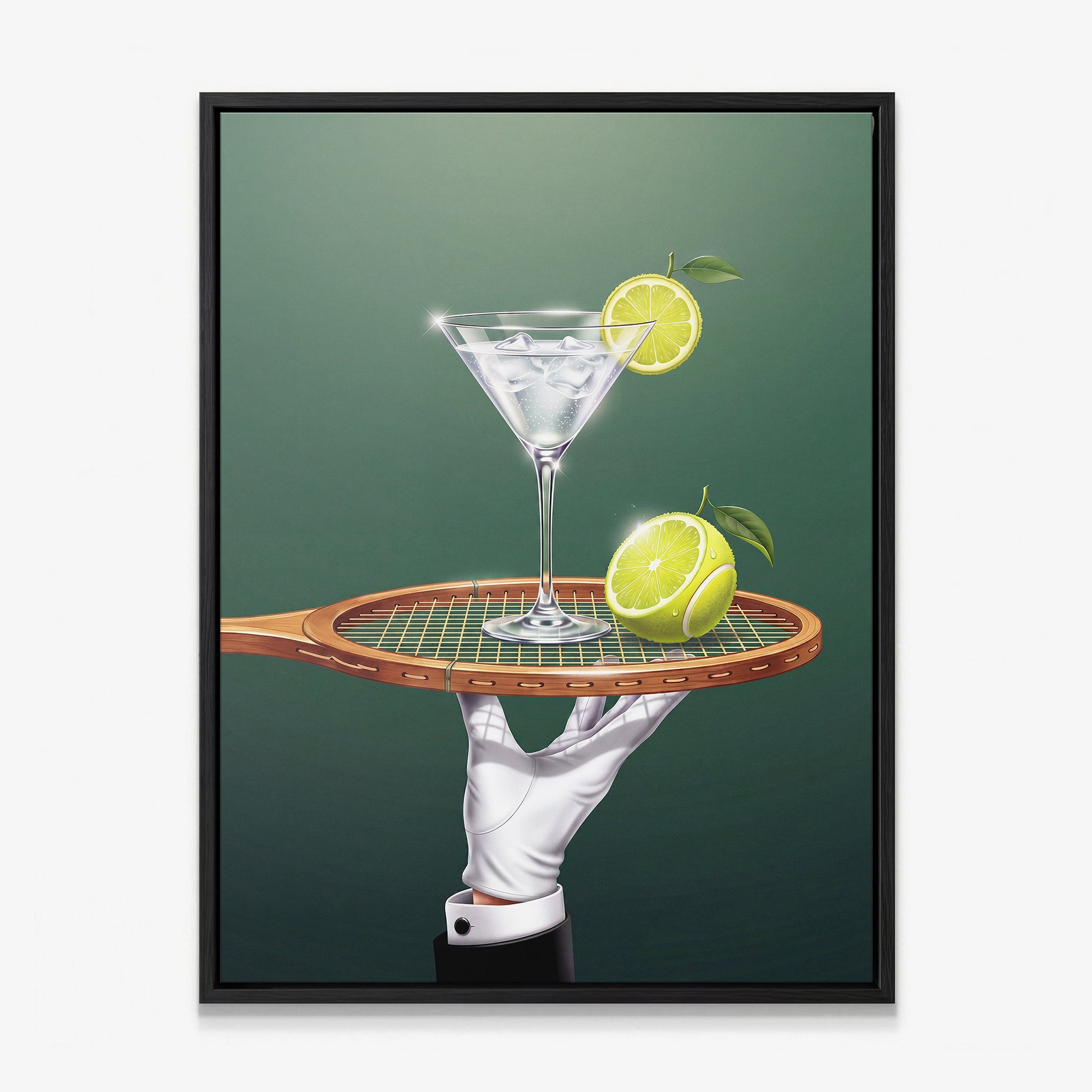 Drinks Are Now Served tennis canvas print in a black floating frame