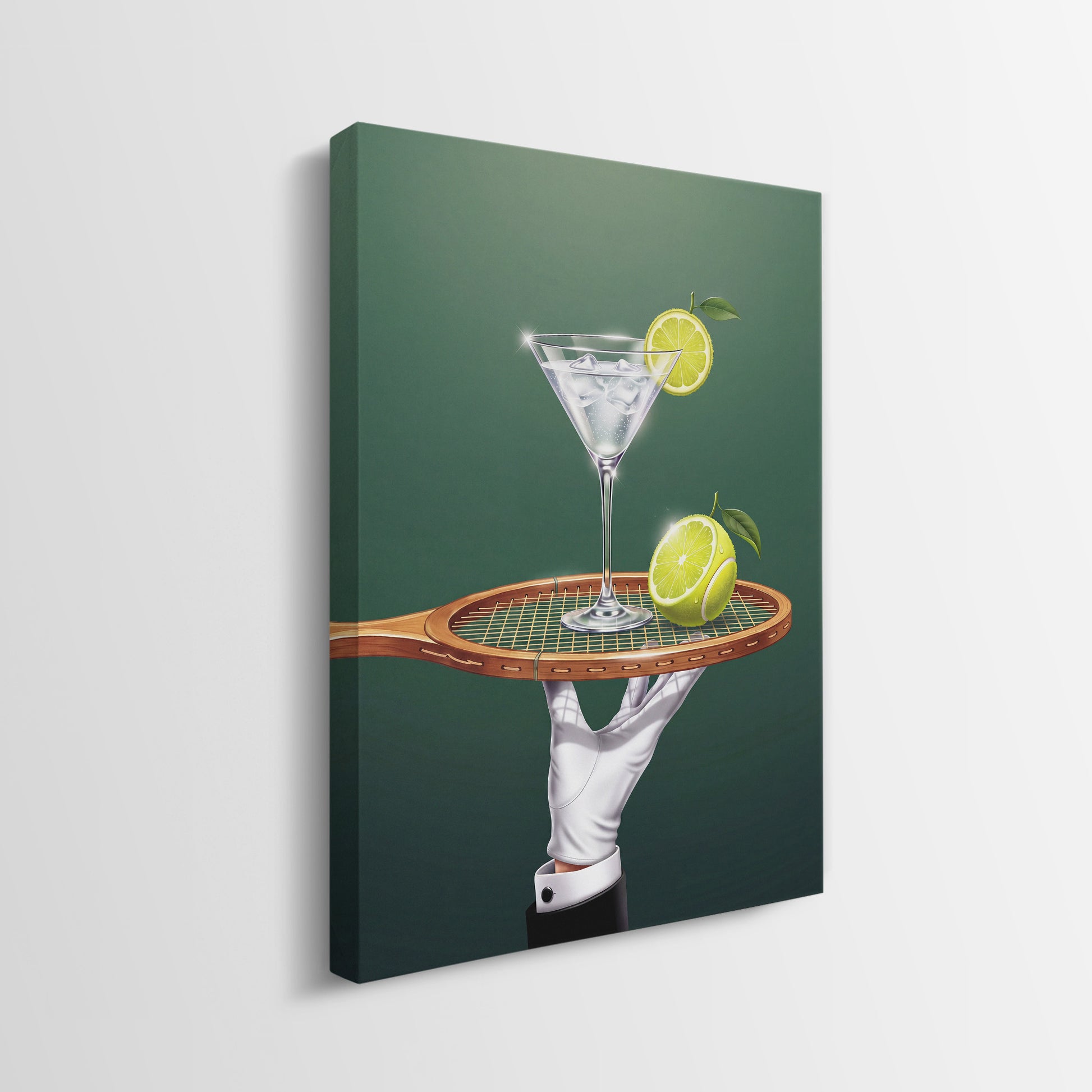 Side profile of the Drinks Are Now Served tennis gallery-wrapped canvas showing its depth