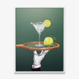 Drinks Are Now Served tennis canvas print in a white floating frame