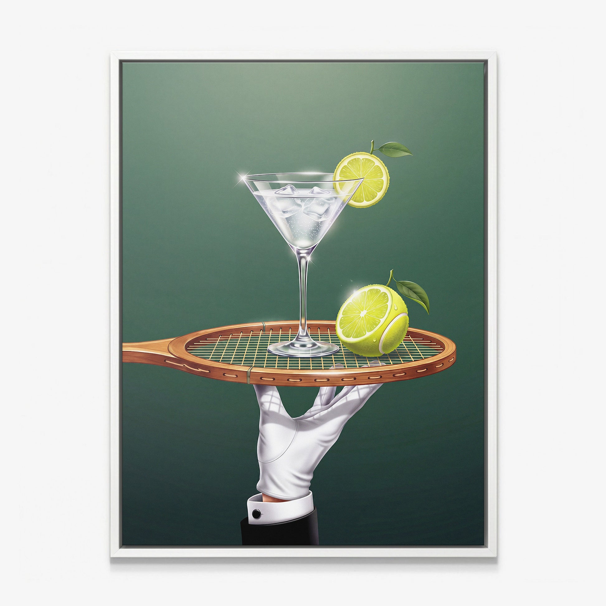 Drinks Are Now Served tennis canvas print in a white floating frame