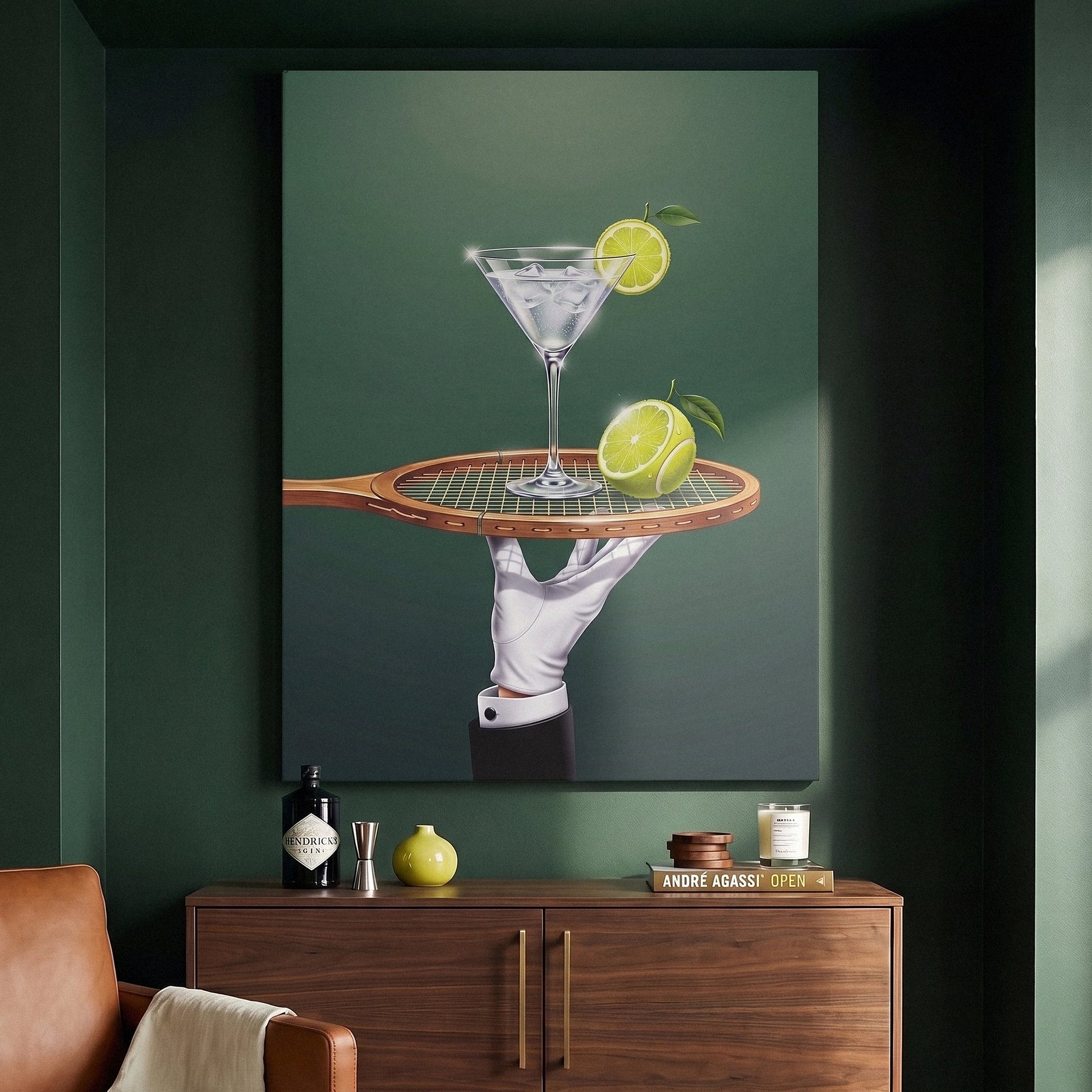 Drinks Are Now Served tennis wall art canvas above a console table in a bright modern hallway