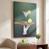 Drinks Are Now Served tennis canvas print on a living room wall at a gentle angle showing the gallery-wrapped edge