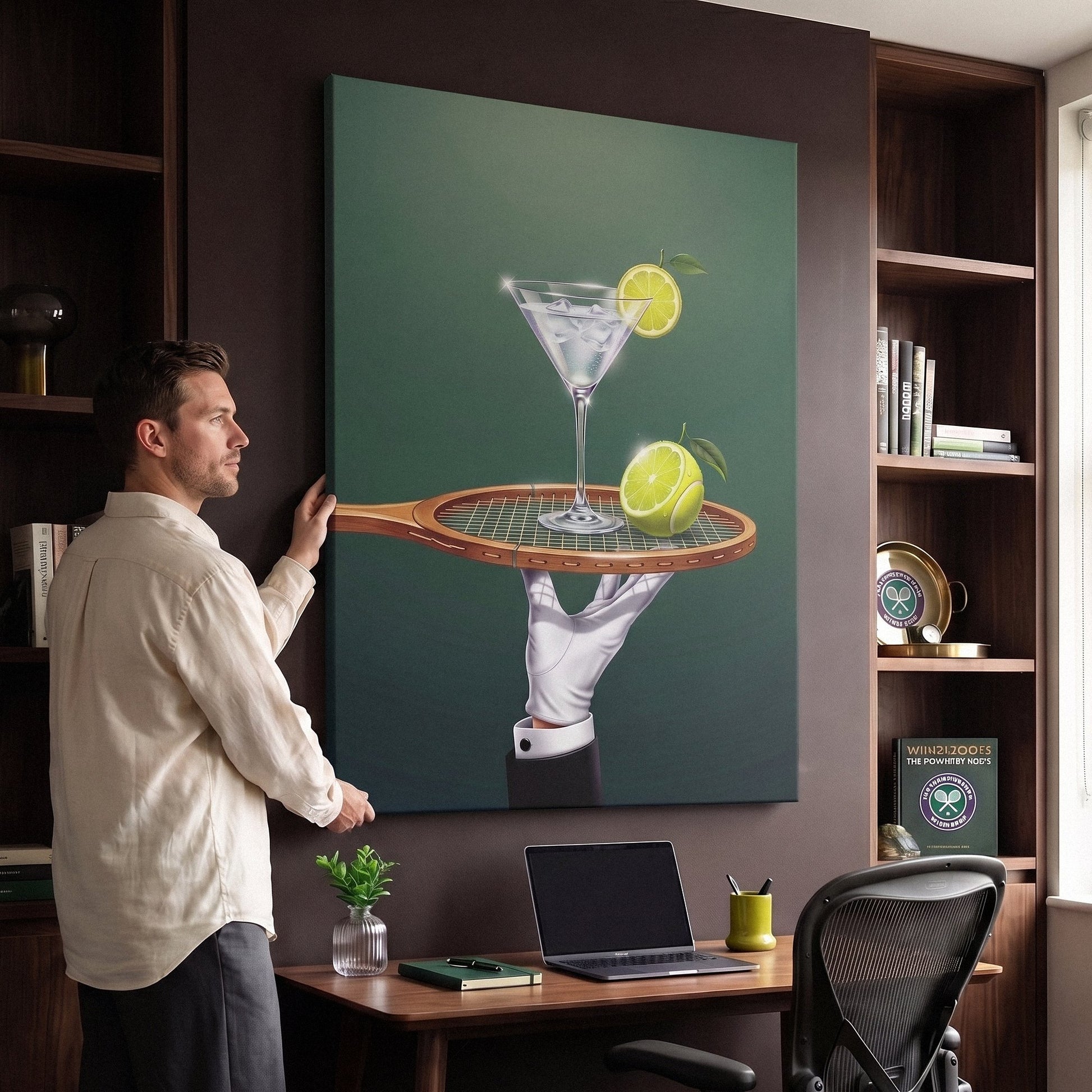 Person admiring the Drinks Are Now Served tennis canvas print in a styled interior