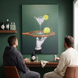Two people viewing the Drinks Are Now Served tennis canvas print together in a home setting