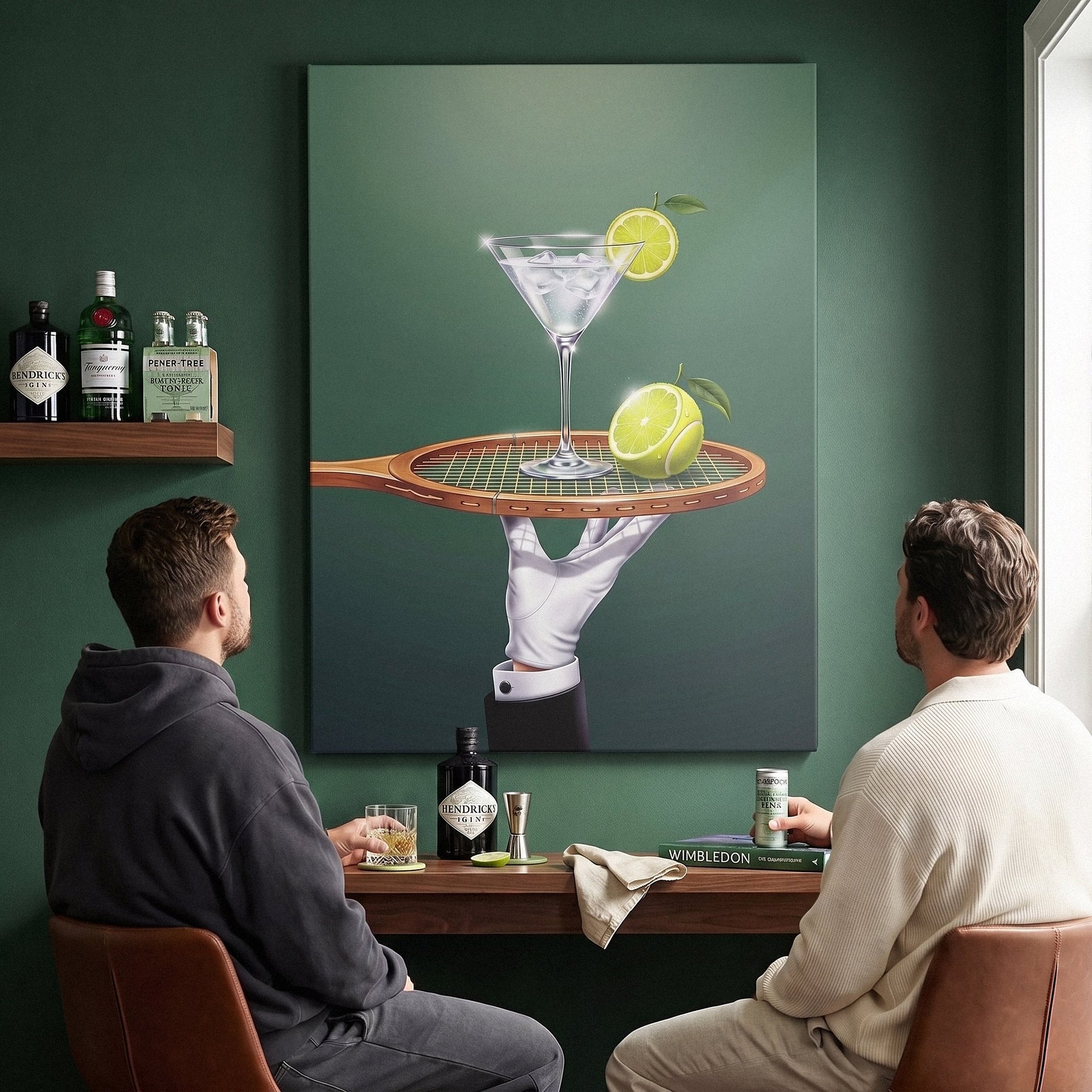 Two people viewing the Drinks Are Now Served tennis canvas print together in a home setting