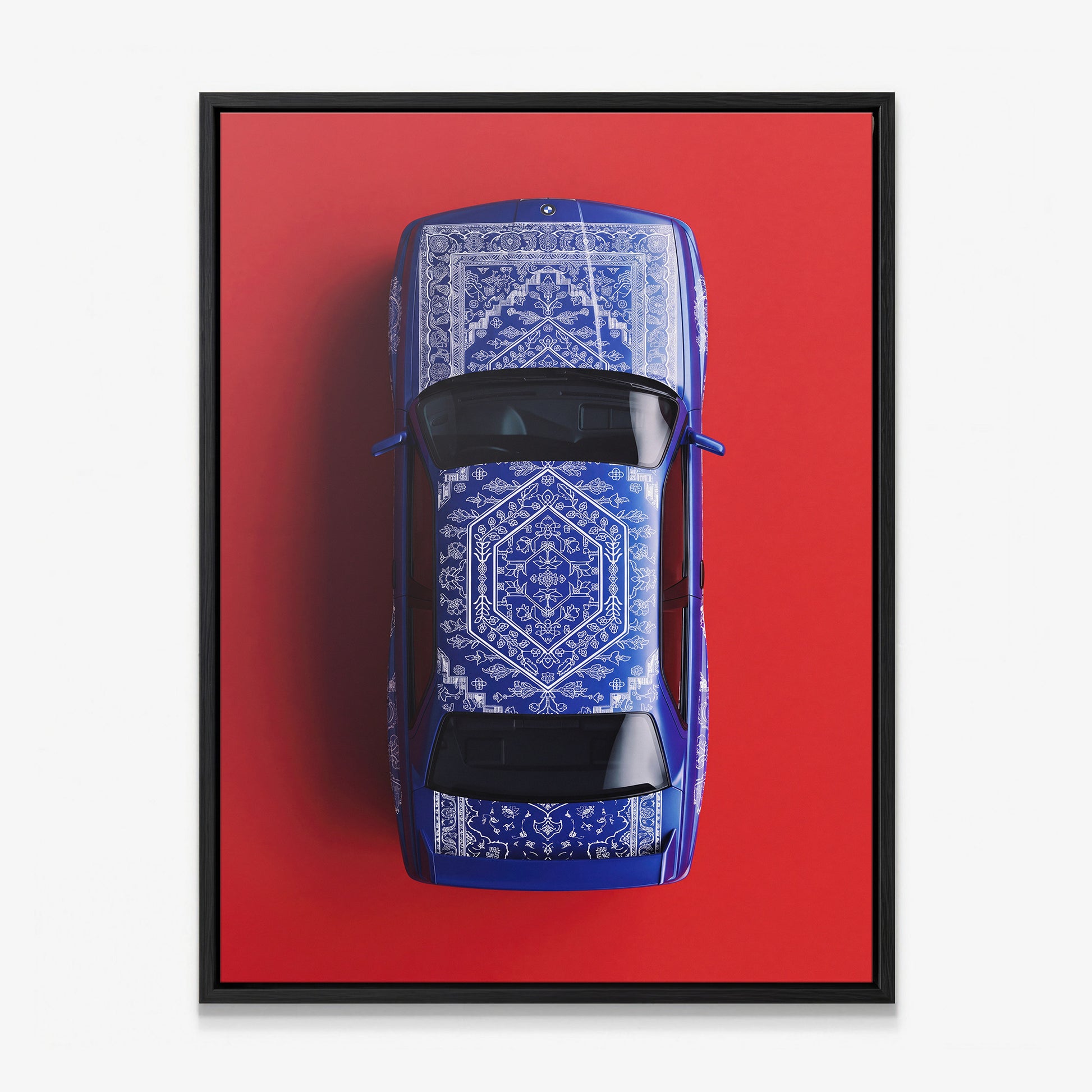 E30 Carpet classic E30 coupe on a patterned carpet canvas wall art in a black floating frame