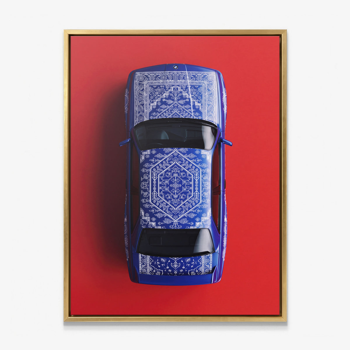 E30 Carpet classic E30 coupe on a patterned carpet canvas wall art in a gold floating frame