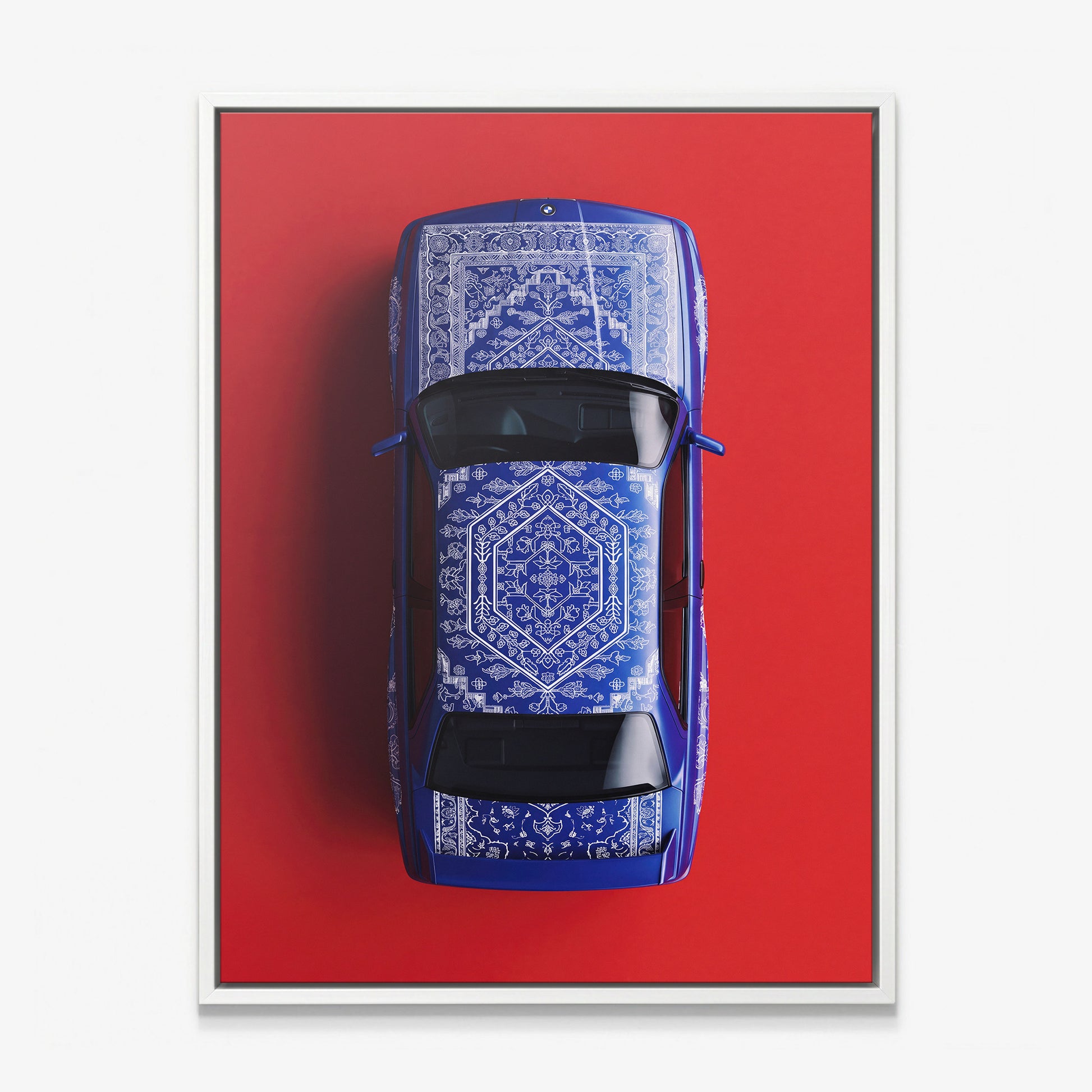 E30 Carpet classic E30 coupe on a patterned carpet canvas wall art in a white floating frame