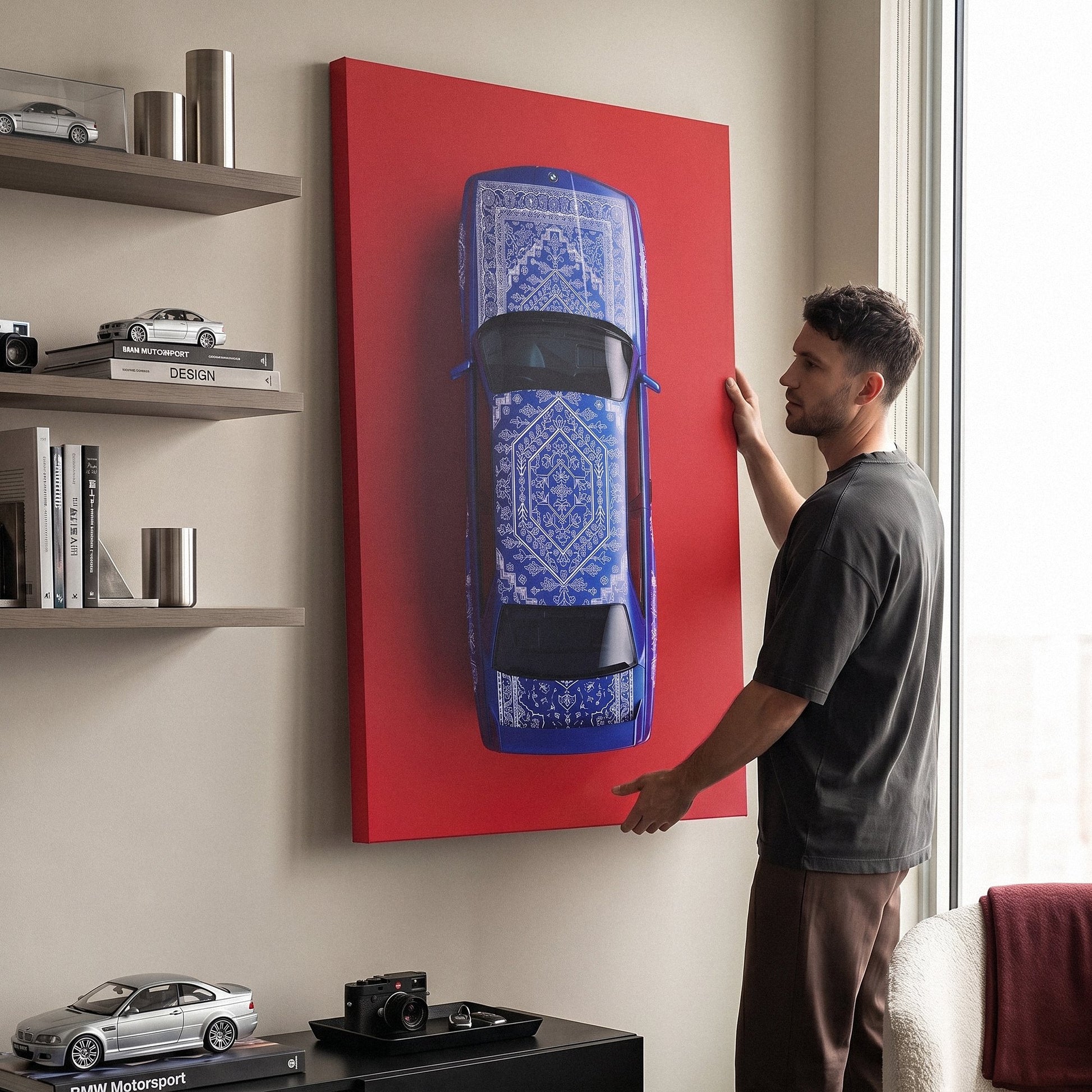 E30 Carpet classic E30 coupe on a patterned carpet canvas wall art in a styled study