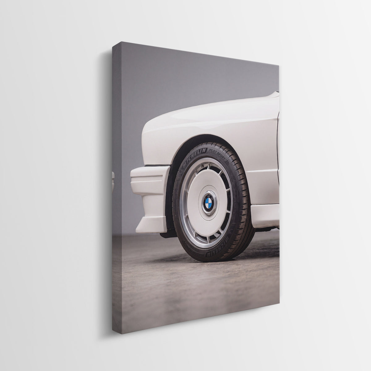 E30 Wheel classic E30 coupe alloy wheel close-up canvas wall art side profile